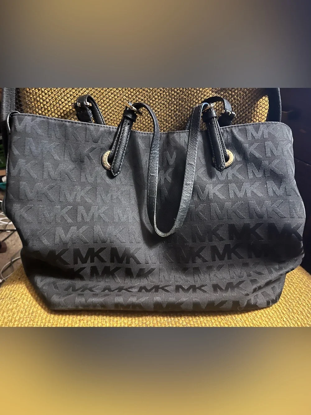 Michael Kors Black MK Logo Tote with Gold-Tone Rings